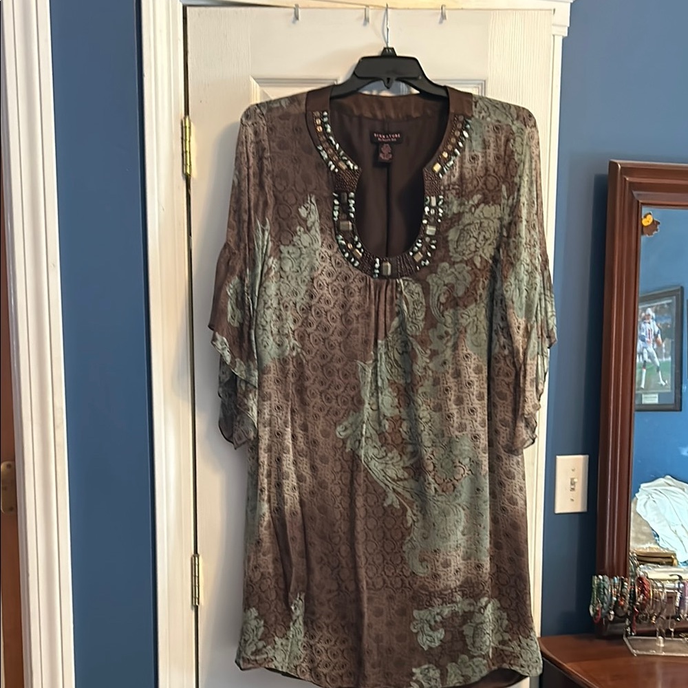 Signature by Robbie Bee 18W Brown and Green Embellished Women's dress